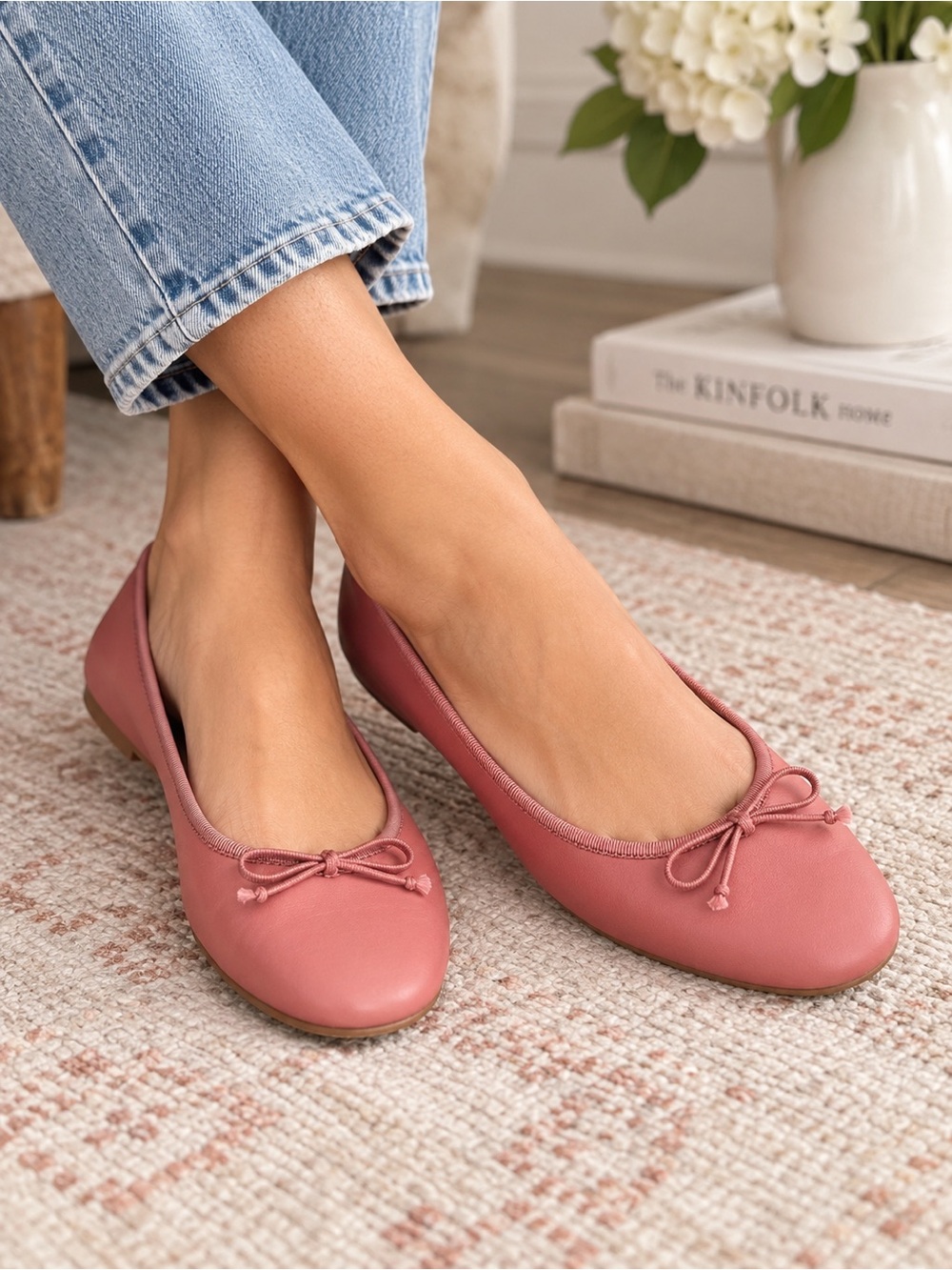 J.Crew Zoe Leather Ballet Flats Warm Rose Pink Bow Size 7.5 NWT